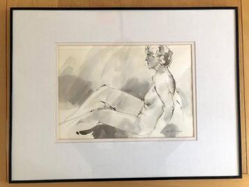 Hen Euverman - Poserend naakt - Aquarel, Ingelijst beschikbaar voor biedingen