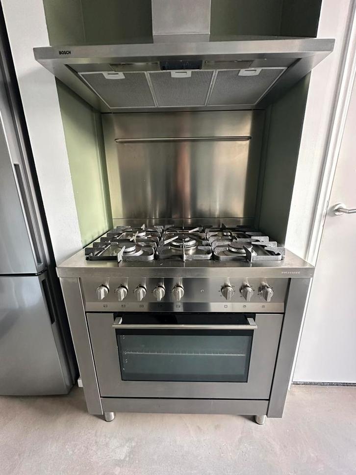 Bosch Solitaire 5-pits gasfornuis + Bosch afzuigkap RVS, Witgoed en Apparatuur, Fornuizen, Zo goed als nieuw, Vrijstaand, Gas