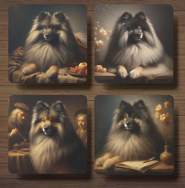 Keeshond Rembrandt stijl onderzetters met houder, Huis en Inrichting, Woonaccessoires | Onderzetters, Nieuw, Glas of Kopje, Ophalen of Verzenden