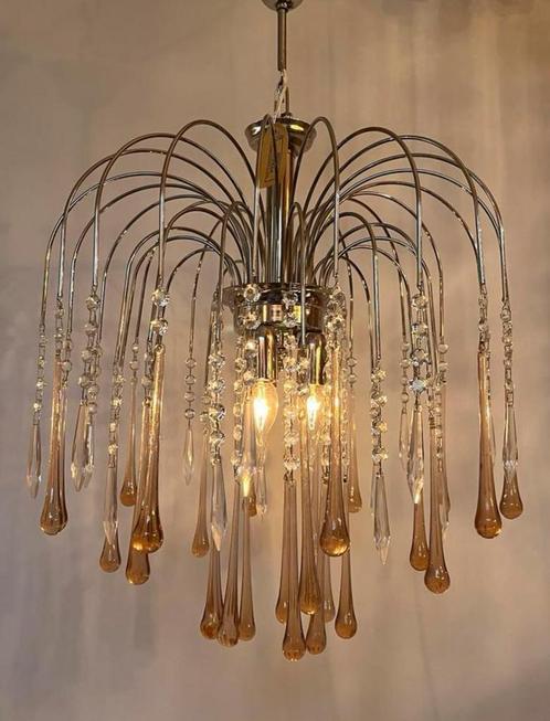 Vintage Murano teardrop roze chromen kroonluchter kristal, Huis en Inrichting, Lampen | Kroonluchters, Ophalen of Verzenden