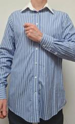 Blauw overhemd met witte strepen en witte kraag (maat m), Blauw, Ophalen of Verzenden, Halswijdte 39/40 (M), Zo goed als nieuw