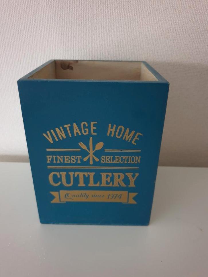 (M) Houten pollepel houder. Blauw. Vierkant. Hoogte 15 cm., Huis en Inrichting, Keuken | Keukenbenodigdheden, Zo goed als nieuw