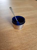 Zilveren zoutpotje met zoutlepeltje, blauw glas, Verzenden