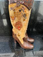 Suede/leder laarzen 38 patcheork handmade, Hoge laarzen, Bruin, Ophalen of Verzenden, Zo goed als nieuw