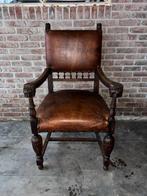 Antieke lederen fauteuil met leeuwenkoppen, Ophalen of Verzenden