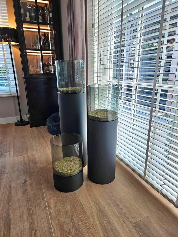 Initials by Haans Windlichten Zwart Rookglas - Set van 3, Huis en Inrichting, Woonaccessoires | Kandelaars en Kaarsen, Zo goed als nieuw