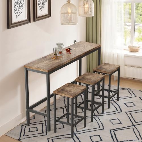 Barkruk set met hoge tafel en 3 krukken, Huis en Inrichting, Barkrukken, Nieuw, 90 cm of meer, Hout, 3 krukken, Met voetsteun