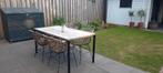 tafel teak/metaal met 4x diningstoelen kunststof rotan met m, Ophalen, Zo goed als nieuw