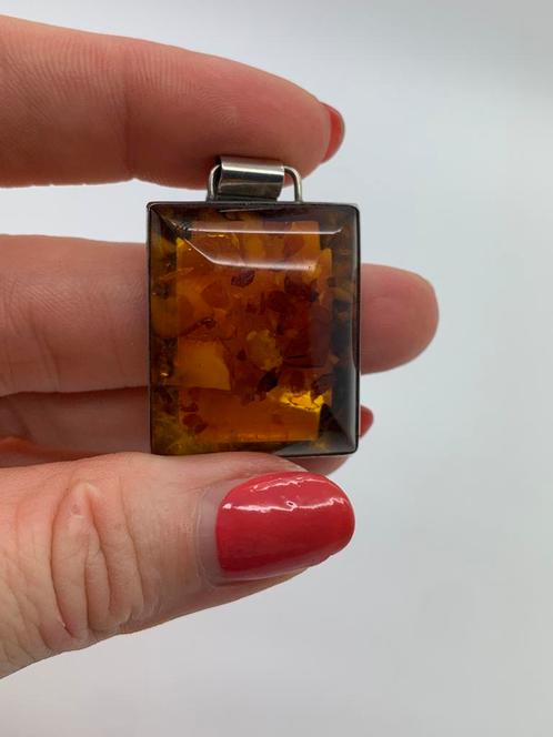 X247 Prachtige zilveren Fischland hanger met amber, Sieraden, Tassen en Uiterlijk, Antieke sieraden, Hanger, Zilver, Met edelsteen