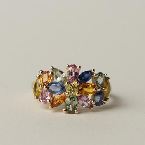 vintage 9 karaat gouden saffier regenboog cluster ring, Sieraden, Tassen en Uiterlijk, Ringen, Zo goed als nieuw, Dame, 17 tot 18