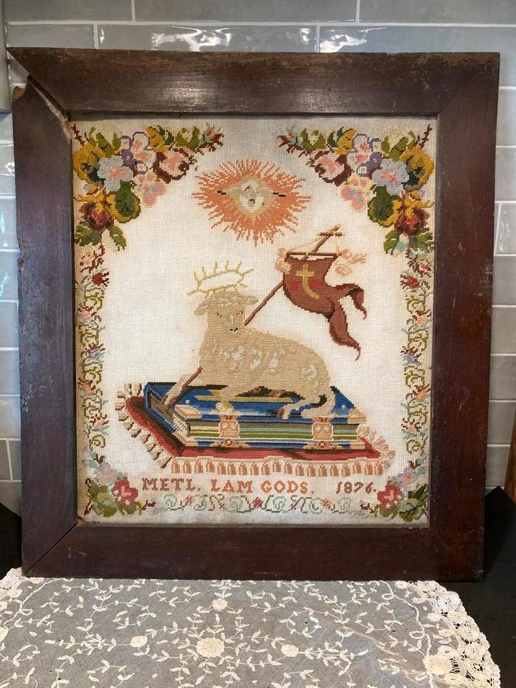 Antieke geborduurde merklap uit 1876 (280324), Antiek en Kunst, Antiek | Kleden en Textiel, Ophalen of Verzenden