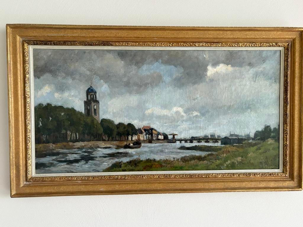 Jan van Vuuren gezicht op Deventer met IJssel en bootjesbrug, Ophalen of Verzenden