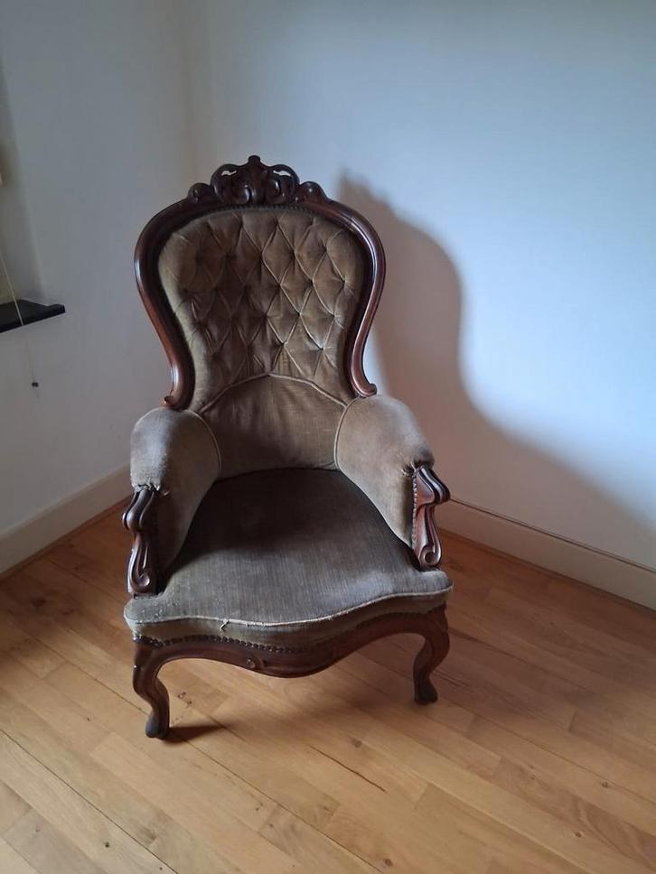 Antieke Stoel, Huis en Inrichting, Stoelen, Gebruikt, Eén, Hout, Stof, Bruin, Ophalen