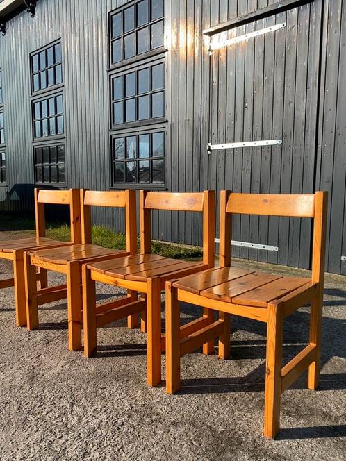 Vintage pine wood 4 x stoelen midcentury modern design•, Huis en Inrichting, Stoelen, Zo goed als nieuw, Vier, Hout, Overige kleuren