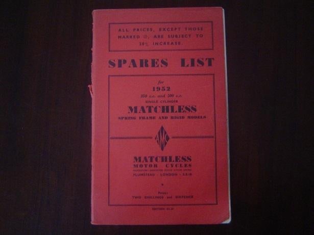Matchless G3L G80 singles 1952 motorcycle parts list, Motoren, Ophalen of Verzenden, Overige merken