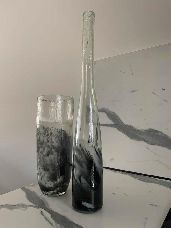 Glazen empoli vaas set vazen zwart wit opaline marmeren look, Huis en Inrichting, Woonaccessoires | Vazen, Zo goed als nieuw, Minder dan 50 cm