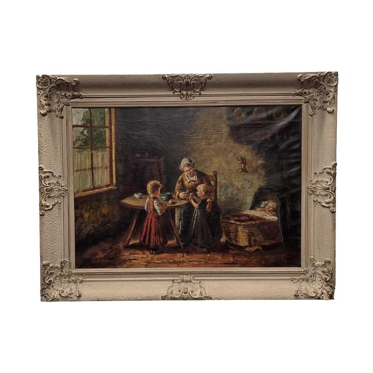 Olieverf moeder met kinderen J. Braun, midden 20e eeuw, Antiek en Kunst, Kunst | Schilderijen | Klassiek, Ophalen