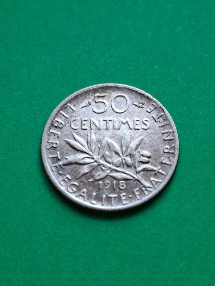 1918 Frankrijk 50 centimes in zilver zaaister, Postzegels en Munten, Munten | Europa | Niet-Euromunten, Losse munt, Frankrijk