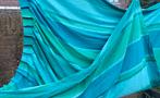 Retro vintage gordijnen blauw turquoise 2 maal, Ophalen of Verzenden, Zo goed als nieuw, Blauw, 200 cm of meer
