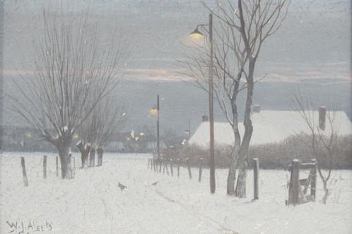 W.J. Alberts (1912-1990): Besneeuwde landweg in de namiddag, Antiek en Kunst, Kunst | Schilderijen | Klassiek, Ophalen of Verzenden