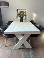 Witte tafel en 6 lederen Topform stoelen, Ophalen, Eikenhout, 200 cm of meer, 50 tot 100 cm