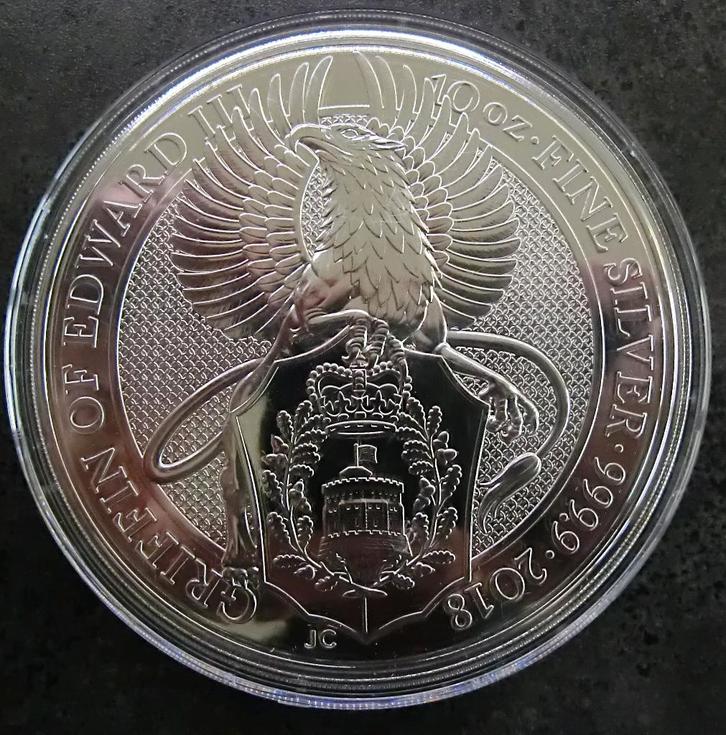 Zilver, Queens beasts Griffin of Edward 10 Oz, Postzegels en Munten, Edelmetalen en Baren, Zilver, Ophalen of Verzenden