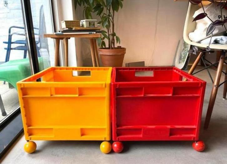 IKEA Märd opbergdoos krat set vintage rood geel wieltjes, Doe-het-zelf en Verbouw, Kratten en Dozen, Ophalen of Verzenden