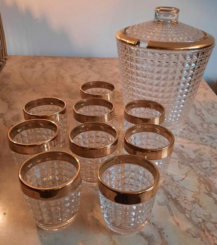 Vintage bowlset kristal glas 10 delig borrelen feestdagen, Antiek en Kunst, Antiek | Keukenbenodigdheden, Ophalen of Verzenden