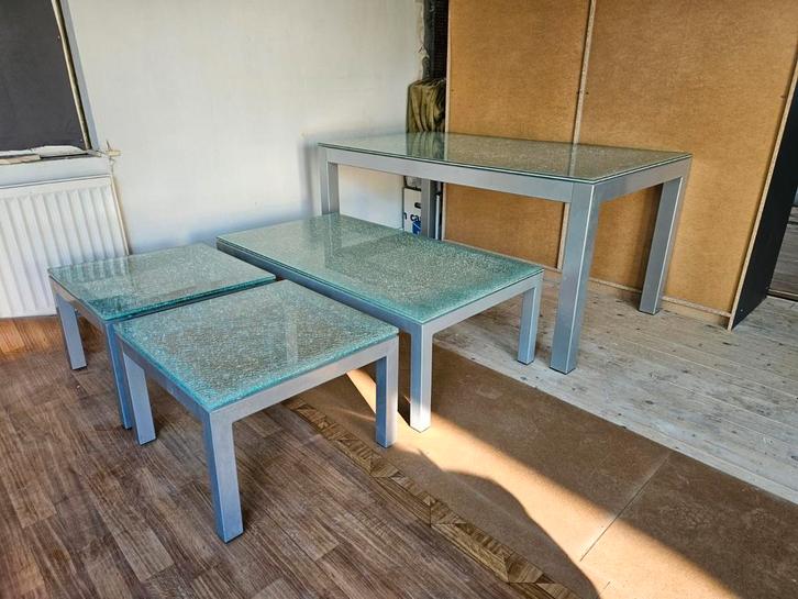 4 tafels met craquelé glazen blad, Huis en Inrichting, Tafels | Eettafels, Gebruikt, 50 tot 100 cm, 50 tot 100 cm, Vierkant, Ophalen