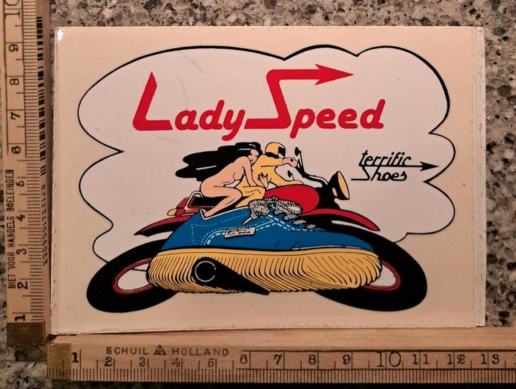 Vintage sticker Lady Speed naakte dame op motor, Verzamelen, Stickers, Zo goed als nieuw, Ophalen of Verzenden