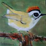 Schilderijtje vogeltje goudhaantje op hout in vrolijk acryl, Ophalen of Verzenden