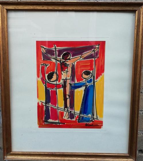 Crucifix Jezus. Abstract surrealisme. Sign. 37/43 cm., Antiek en Kunst, Kunst | Schilderijen | Modern, Ophalen