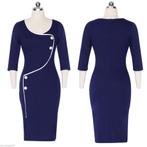 Blauwe sjieke jurk met knopen zakelijke retro dames bodycon, Verzenden, Nieuw, Blauw, Knielengte