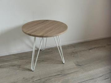 Bijzettafel – hout & wit staal – 40 cm rond, 41 cm hoog beschikbaar voor biedingen