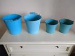 4 Turquoise, blauwe emmertjes van metaal als bloempot, Tuin en Terras, Bloempotten, Rond, Binnen, Ophalen of Verzenden, Zo goed als nieuw
