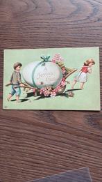 Pasen. Kinderen, houten kar met ei, bloemen. Reliëfkaart, Ophalen of Verzenden, Ongelopen, Kinderen