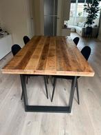 Eettafel hout met stalen poten + 4 stoelen, 50 tot 100 cm, 150 tot 200 cm, Rechthoekig, Zo goed als nieuw