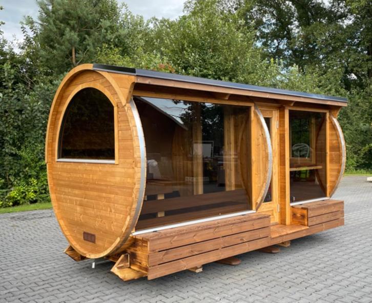 Barrelsauna Buitensauna Showroom model 4,1 x 2,26 m, Sport en Fitness, Sauna, Nieuw, Complete sauna, Fins of Traditioneel, Ophalen