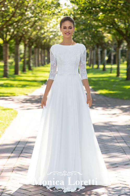 Trouwjurk 34/36 met mouwen, Kleding | Dames, Trouwkleding en Trouwaccessoires, Zo goed als nieuw, Trouwjurk, Wit, Ophalen of Verzenden