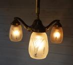 antiek hanglamp 3-armig geslepen glas waaier ruit messing, Ophalen of Verzenden