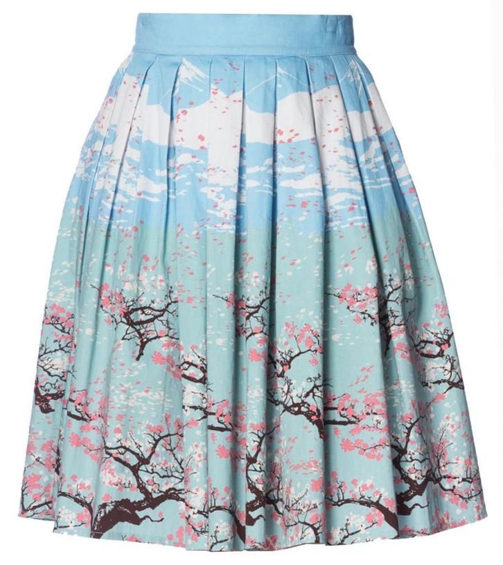 oriental blossom sakura cherry tree skirt S retro blue pink, Kleding | Dames, Rokken, Nieuw, Maat 36 (S), Roze, Knielengte, Verzenden