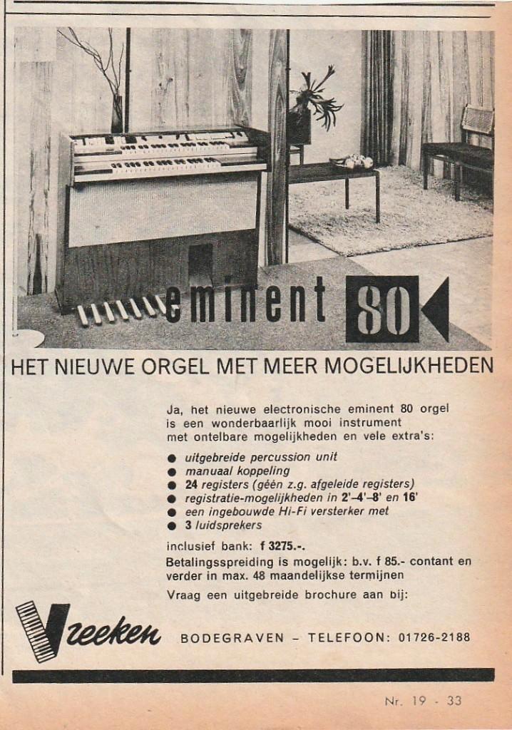 Retro reclame 1962 Vreeken Bodegraven orgel Eminent 80, Verzamelen, Retro, Overige typen, Verzenden