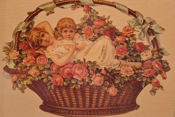 Brocante Romantische Poëzie plaat roosjes in houten lijst. beschikbaar voor biedingen