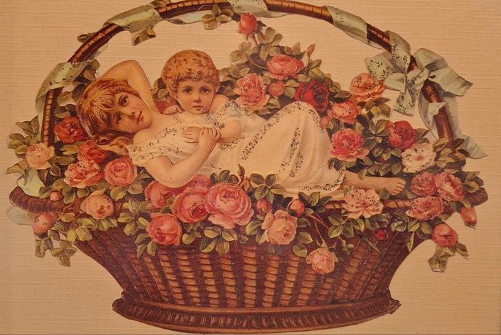 Brocante Romantische Poëzie plaat roosjes in houten lijst., Antiek en Kunst, Curiosa en Brocante, Ophalen of Verzenden
