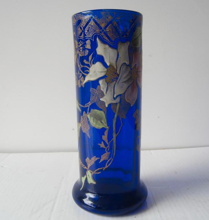 Antieke art nouveau Legras vaas, emaille bloemen; ca 1910, Antiek en Kunst, Antiek | Glas en Kristal, Verzenden
