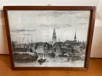 Oude Prent met Stadsgezicht Groningen in Houten Lijst beschikbaar voor biedingen