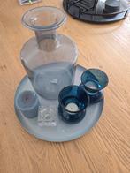 Blauw Glas Vaas & Kandelaars Set, Antiek en Kunst, Ophalen