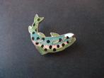 Regenboogforel (meest voorkomende forelsoort) emaille pin, Ophalen of Verzenden, Gebruikt, Overige onderwerpen