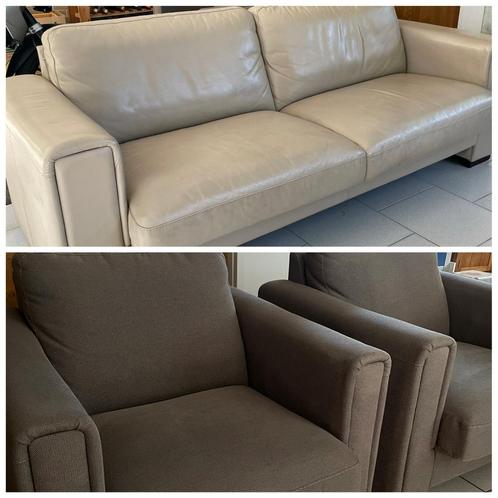 Verlaagd in prijs! Keurig bankstel leer en stof, Huis en Inrichting, Fauteuils, Gebruikt, 75 tot 100 cm, Ophalen