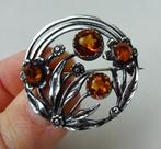 Oud zilveren broche: 4 x citrien in bloemen zetting, Sieraden, Tassen en Uiterlijk, Antieke sieraden, Ophalen of Verzenden, Zilver